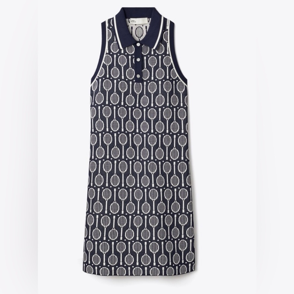 New with tags.Tory Burch Navy and Cream Tech Knit Polo Dress.  Size XL